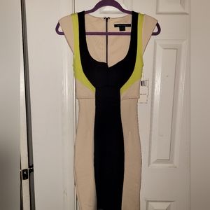 French Connection blush, black, and Neon green fitted dress